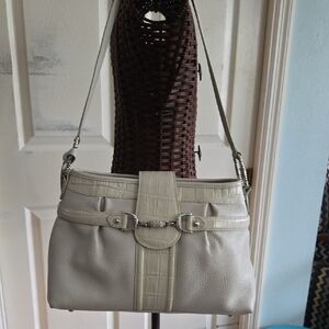 Brighton Croc Embossed  Cream Shoulder Bag with Silver Accents